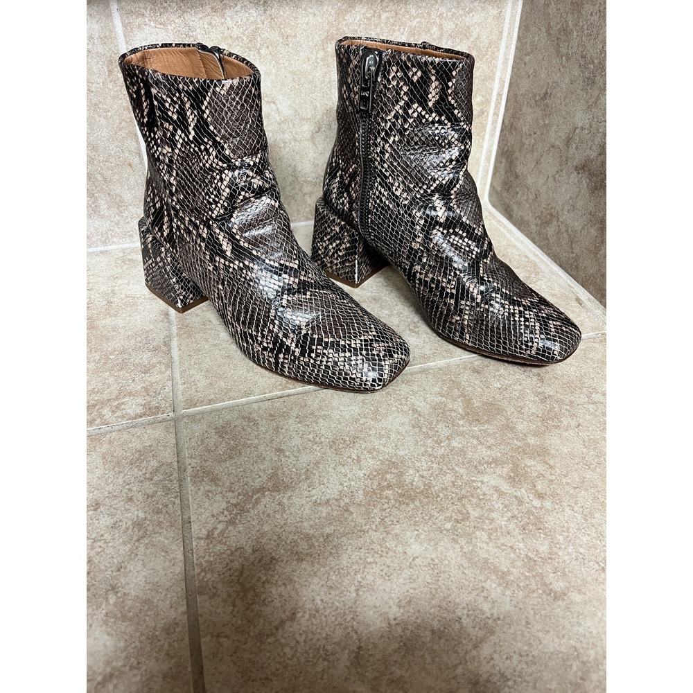 Loq Snakeskin Embossed Leather Square Toe Block Heel Ankle Boots Brown Cream 37